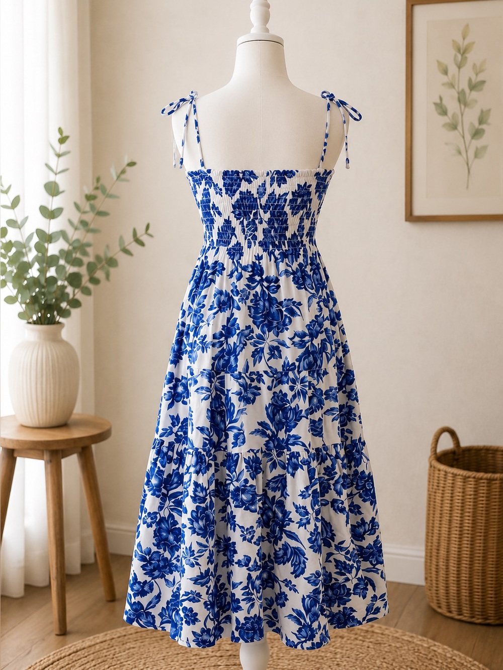 Floral Smocked Dress Skirt Blue White Convertible Resort Summer - Picture 3 of 7